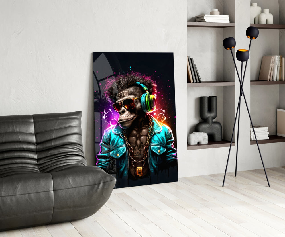 Feel the Music glass print enhancing a den with cyberpunk firepower