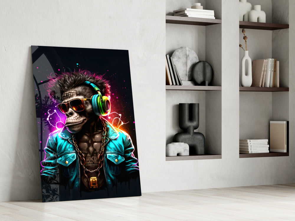 Streetwear-skull artwork anchoring a wall with magenta-and-teal palette