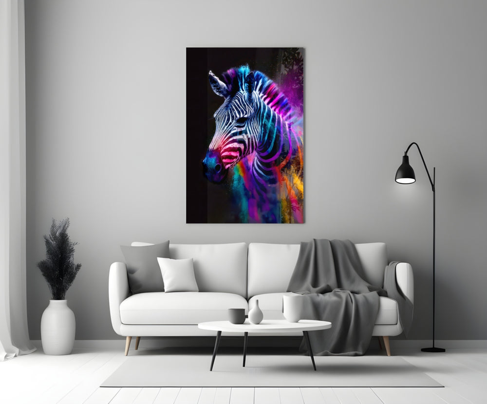 Zebra glass wall art styled above a sideboard in a media room