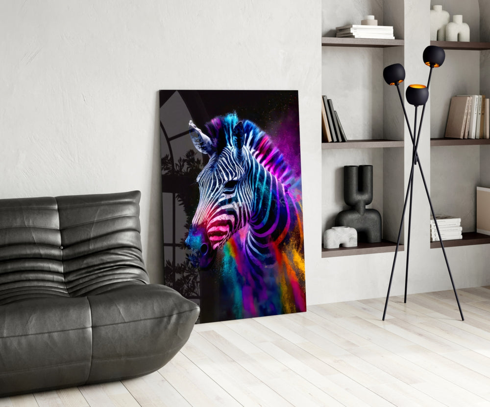 Zebra glass print enhancing a den with neon firepower