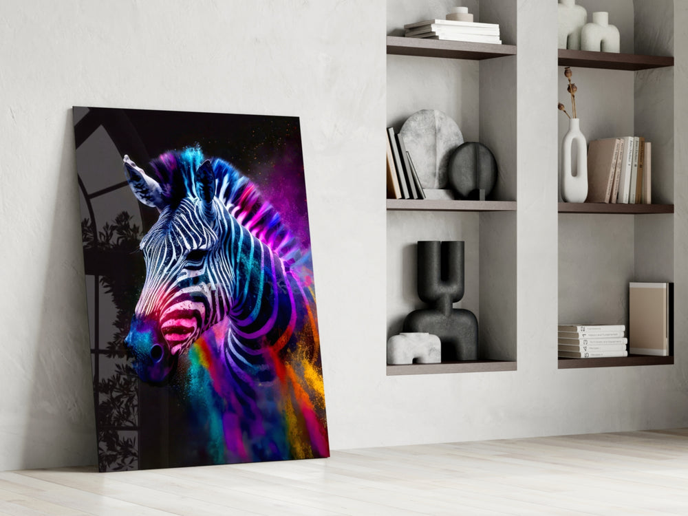 Electric-animal artwork anchoring a wall with rainbow-electric palette