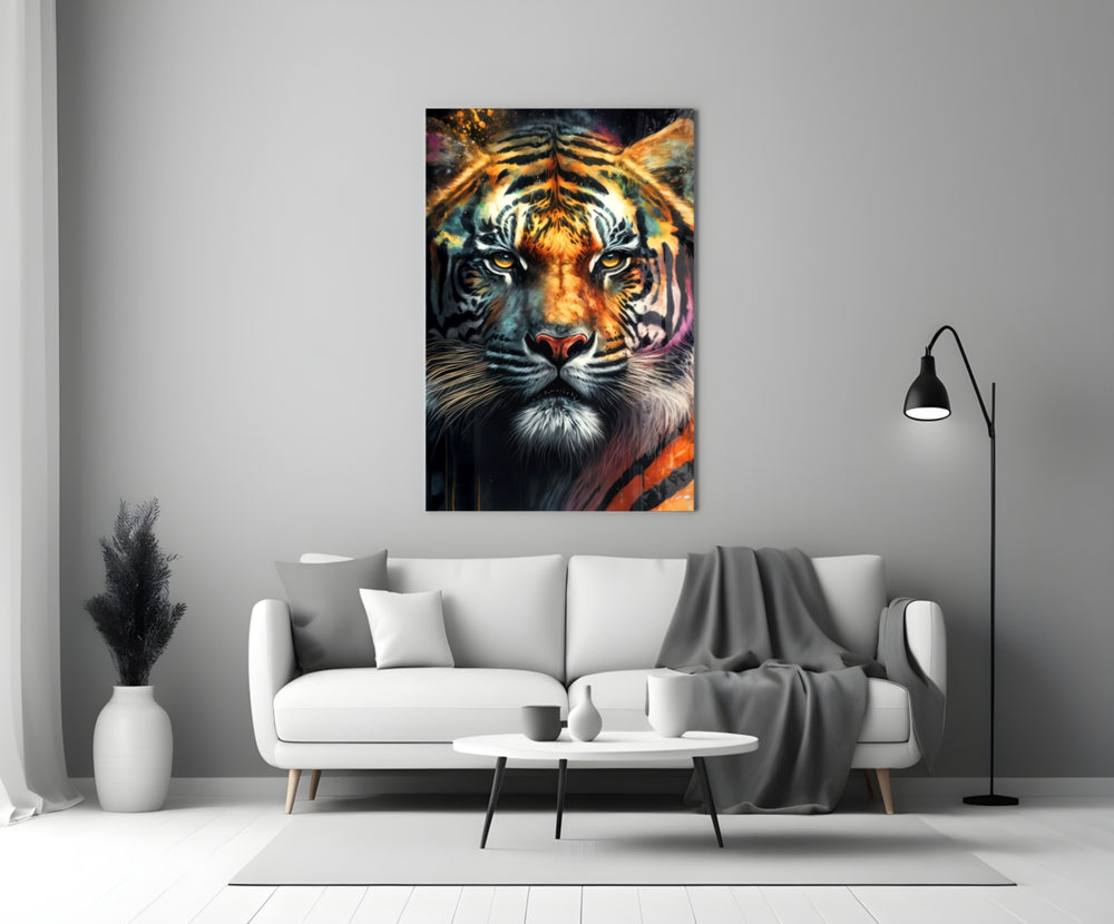 Face of the Tiger glass wall art styled above a console in a media room