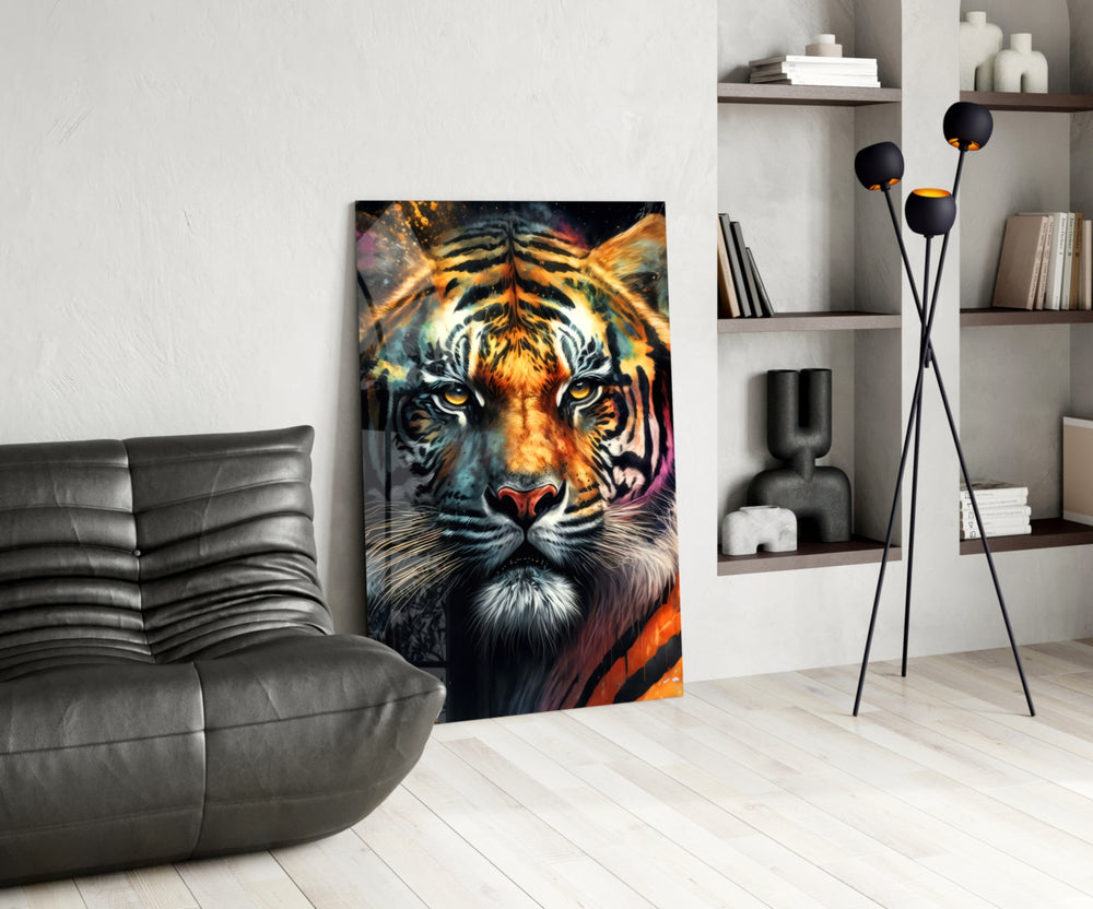 Face of the Tiger glass print enhancing a den with statement firepower