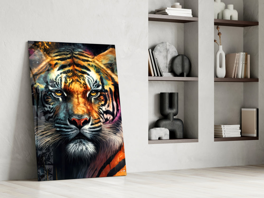 Painterly-predator artwork anchoring a wall with amber-and-sapphire palette