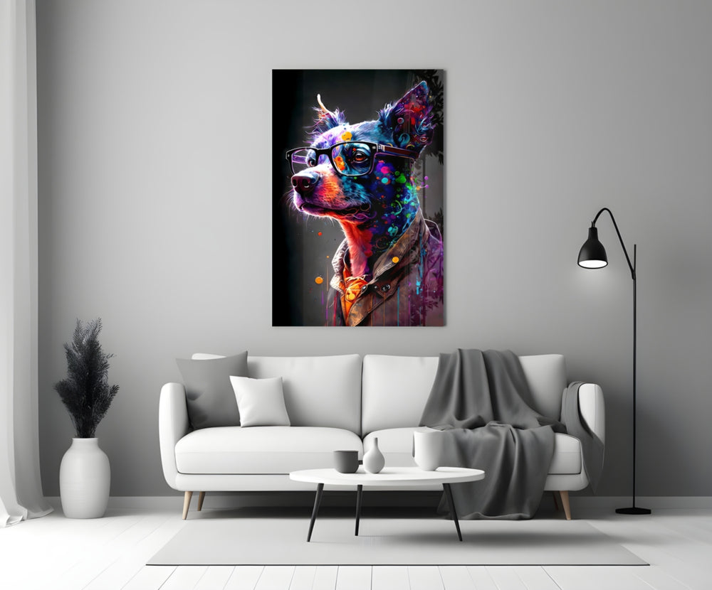 Dog Vogue glass wall art styled above a console in a media room