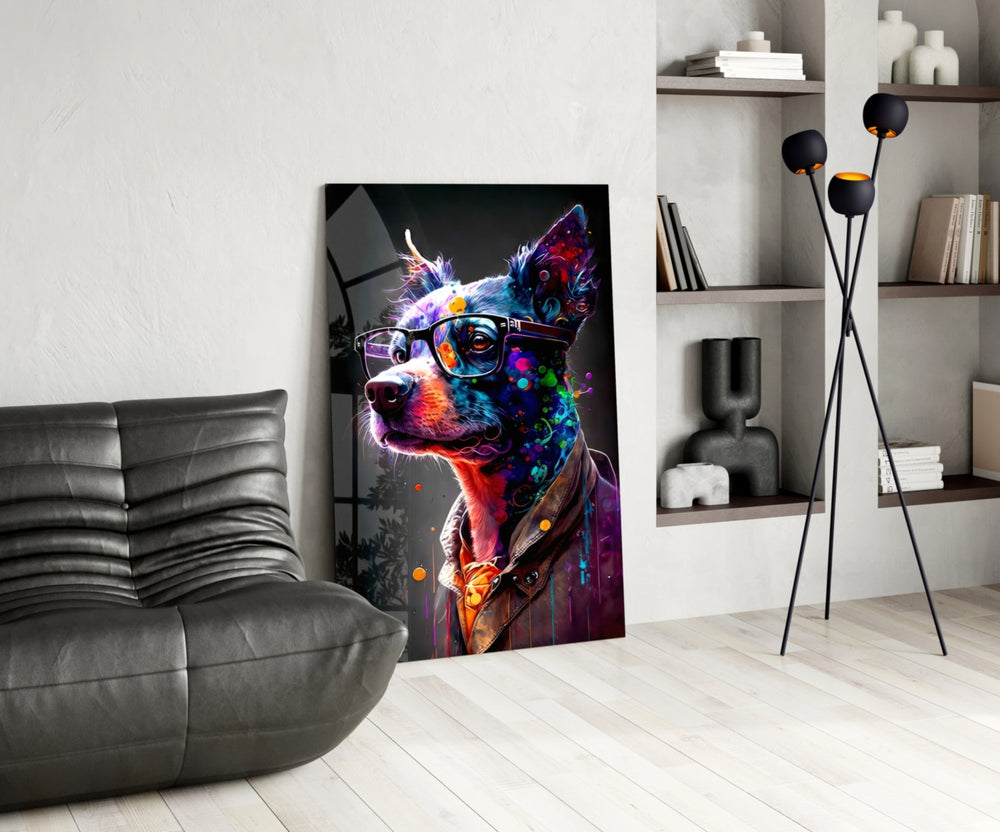 Dog Vogue glass print enhancing a den with neon firepower
