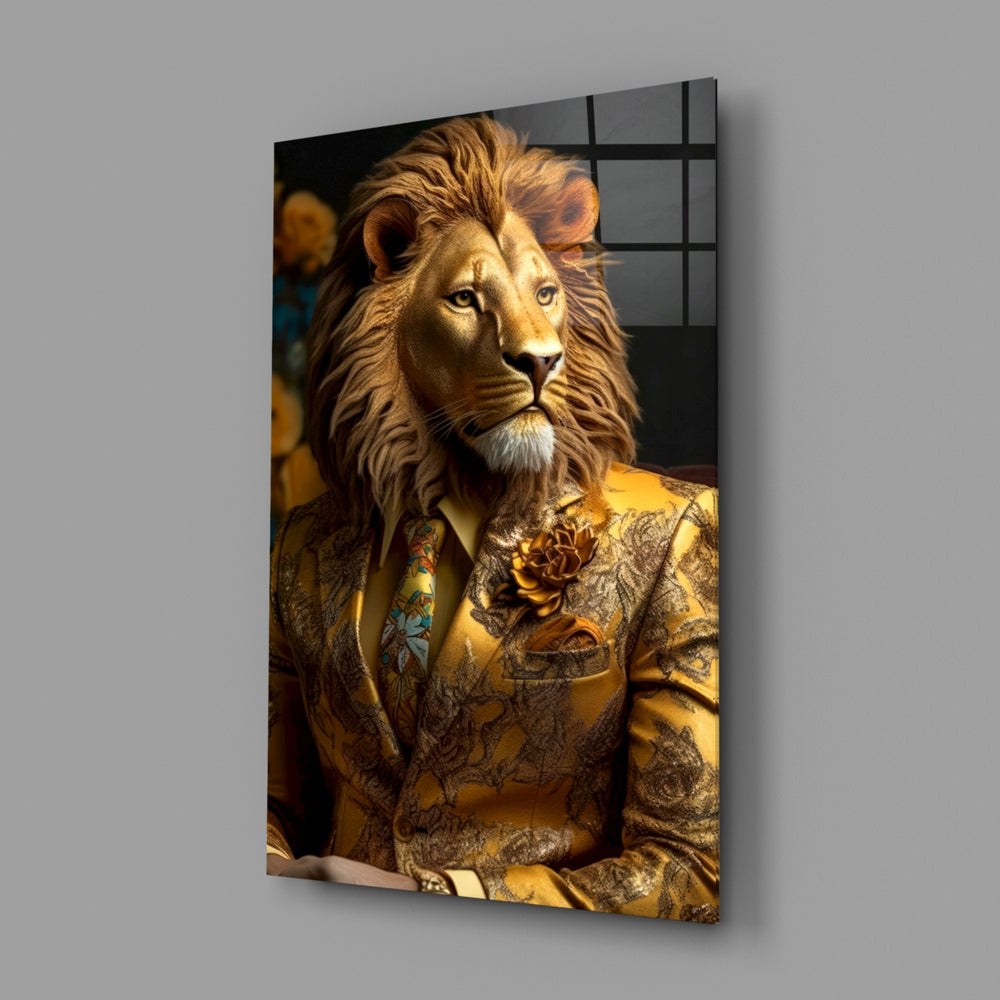 Lion Vogue close-up showing golden mane and gold-brocade jacket