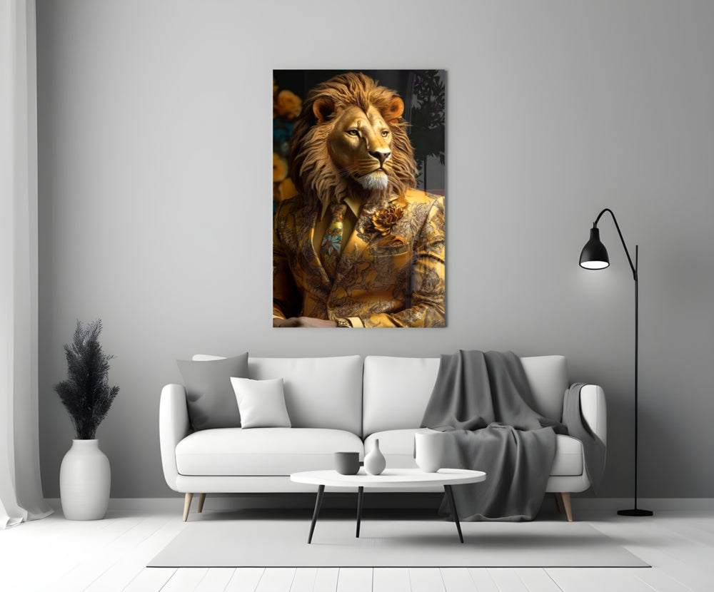 Lion Vogue glass wall art styled above a desk in a study