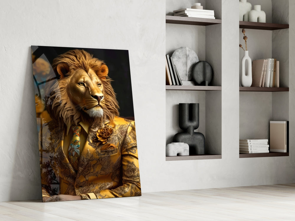 Noble-feline artwork anchoring a wall with gold-and-umber palette