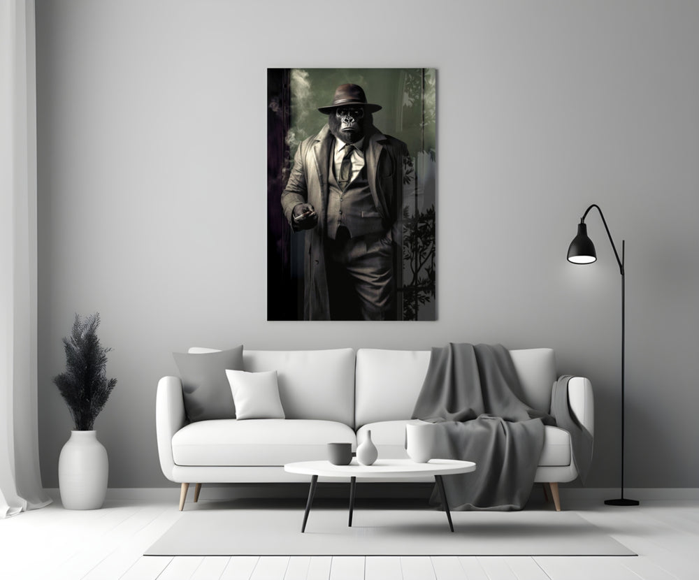 Mr Inspector glass wall art styled above a console in a man cave