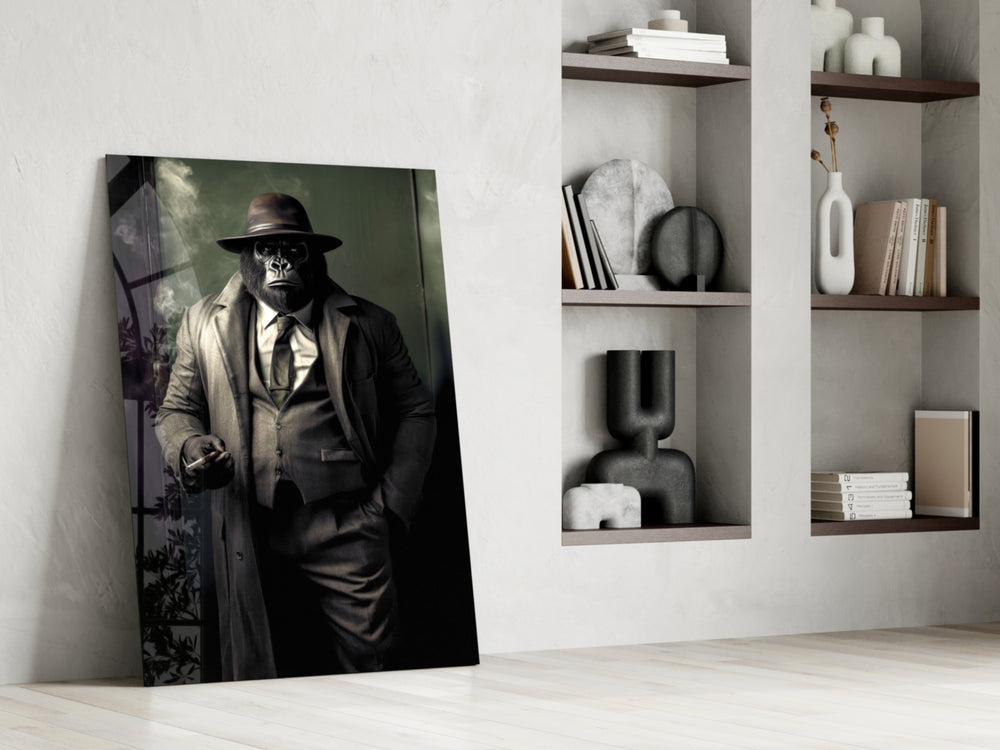 Vintage-gumshoe artwork anchoring a wall with graphite-and-teal palette