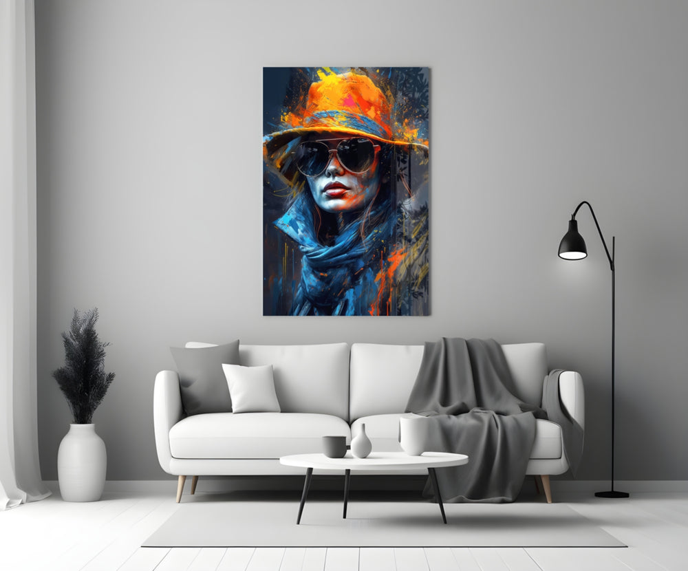 Hat glass wall art styled above a console in a designer studio