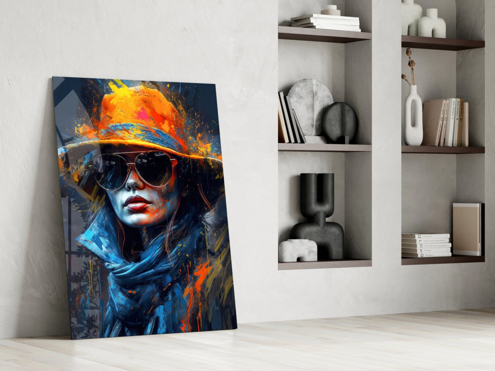 Painterly-muse artwork anchoring a wall with tangerine-and-cobalt palette