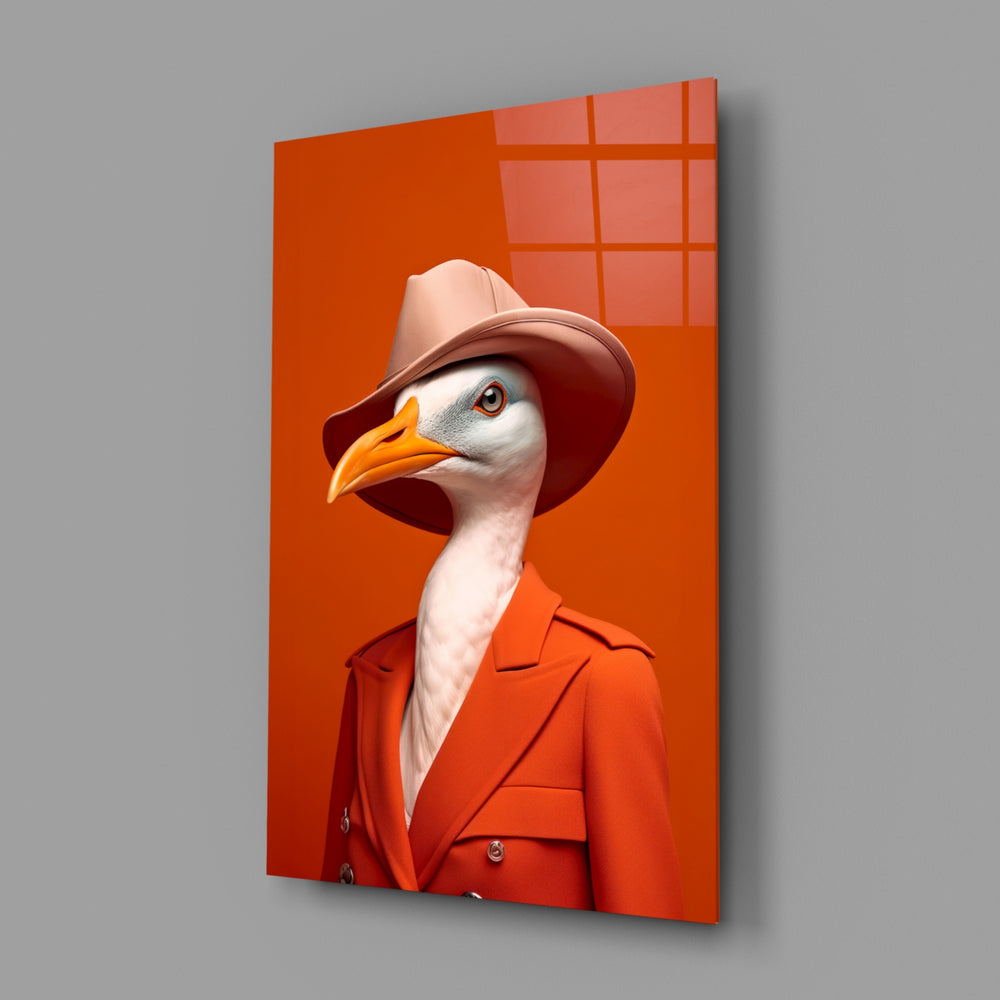Bird Vogue close-up showing coral fedora and orange beak