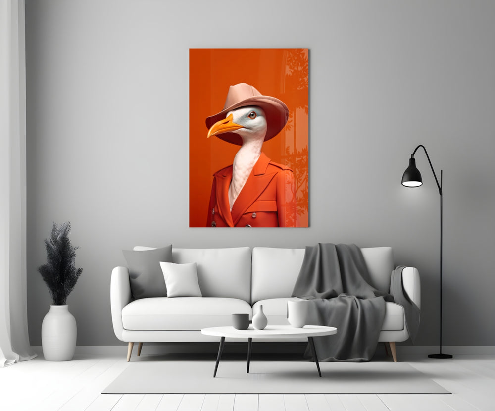 Bird Vogue glass wall art styled above a console in a powder room