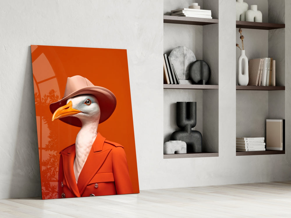 Dapper-seabird artwork anchoring a wall with tangerine-and-coral palette