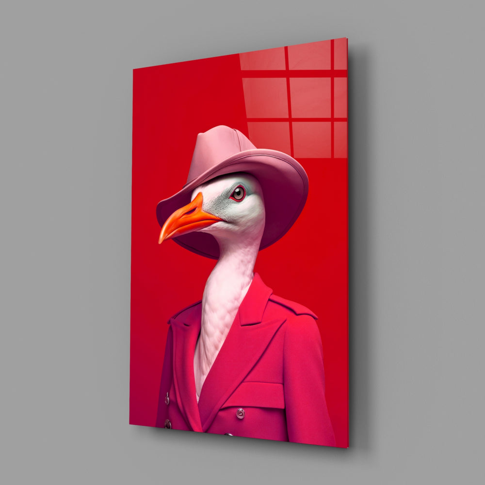 Bird Vogue close-up showing pink fedora and magenta trench