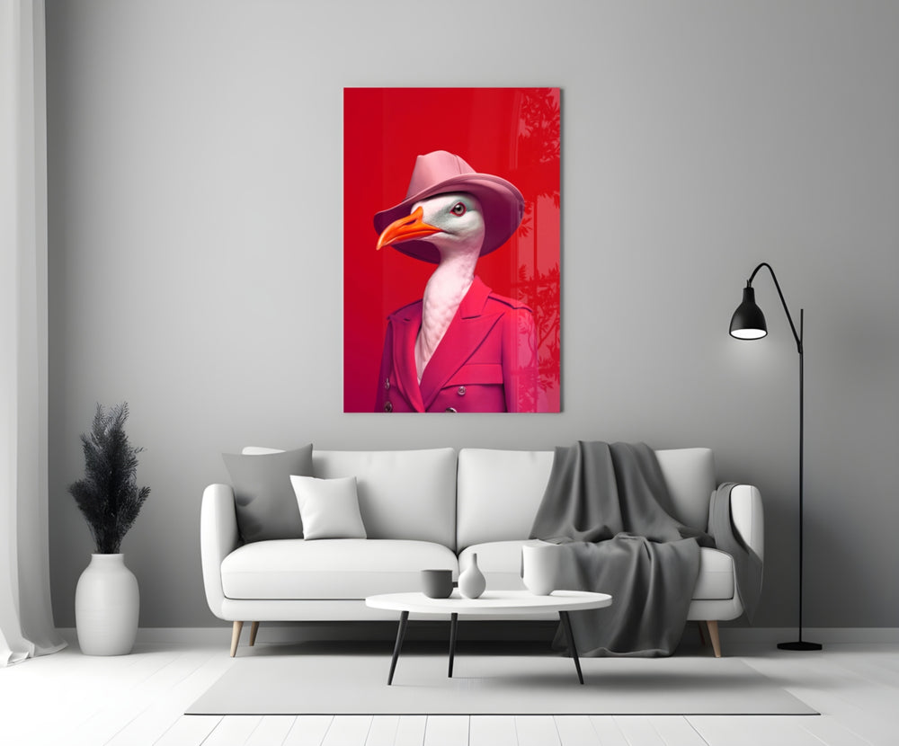 Bird Vogue glass wall art styled above a console in a powder room