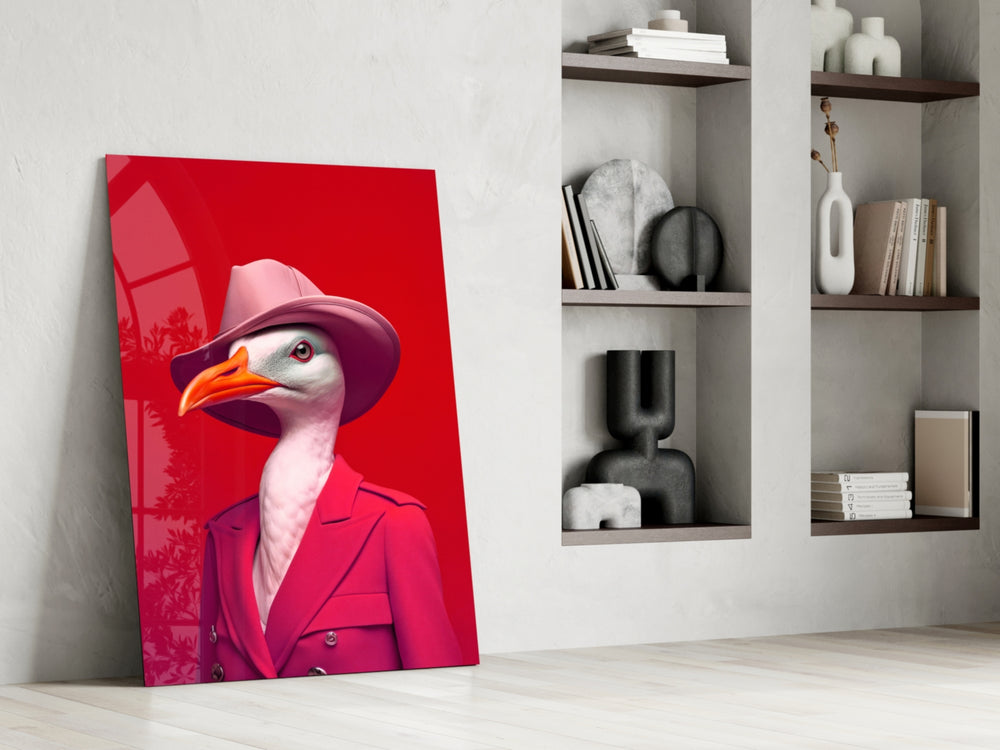 Dapper-seabird artwork anchoring a wall with scarlet-and-magenta palette