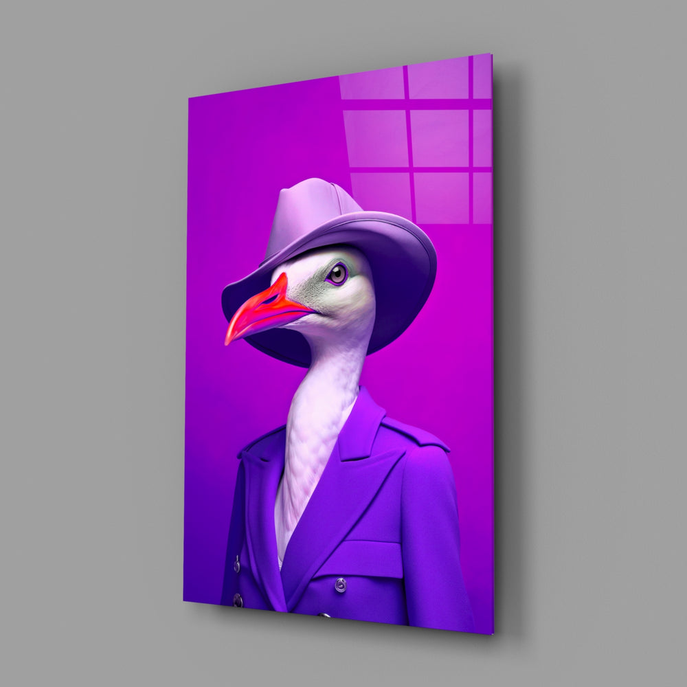 Bird Vogue close-up showing lilac fedora and violet trench