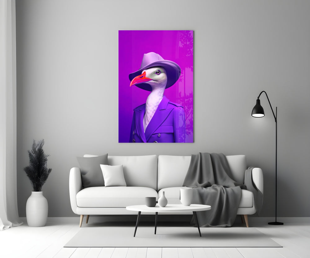 Bird Vogue glass wall art styled above a console in a powder room