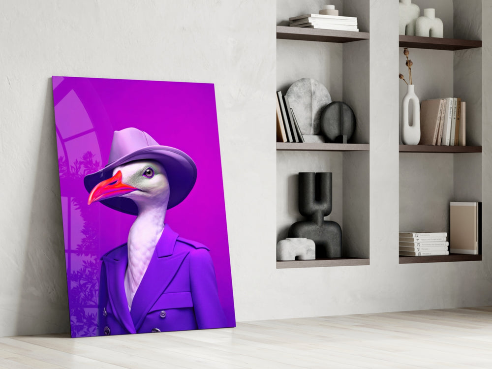 Dapper-seabird artwork anchoring a wall with violet-and-lilac palette