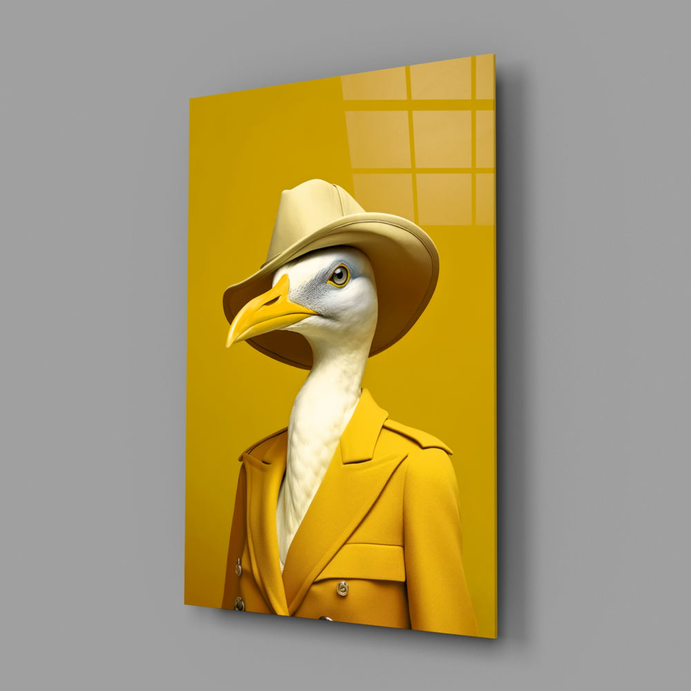 Bird Vogue close-up showing lemon fedora and yellow trench
