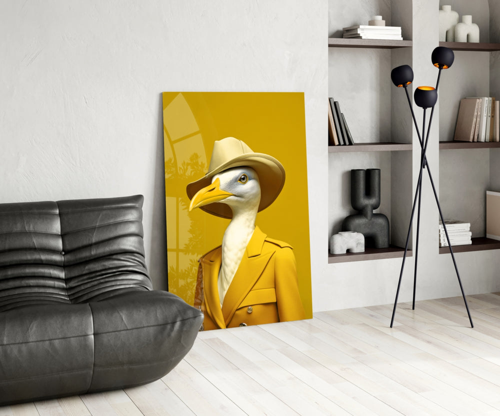 Bird Vogue glass print enhancing a foyer with quirky firepower