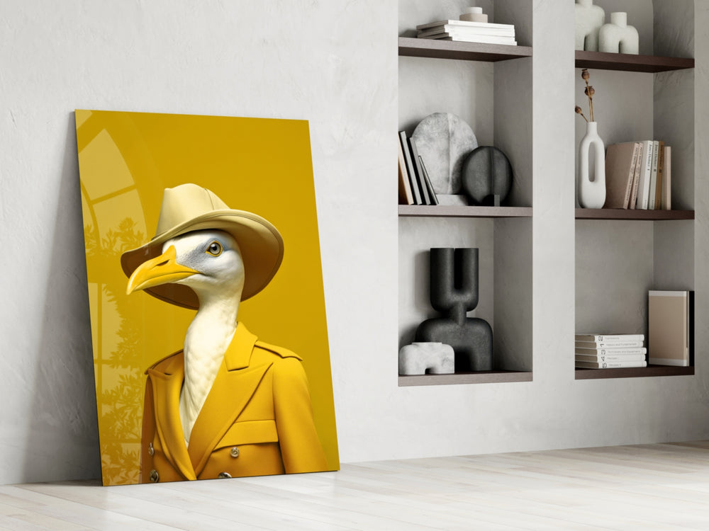 Dapper-seabird artwork anchoring a wall with canary-and-lemon palette