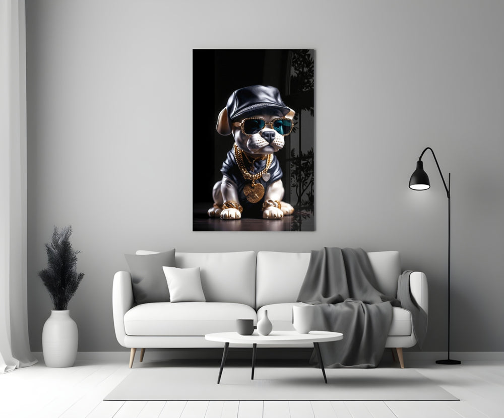 Puppy Vogue glass wall art styled above a sideboard in a media room