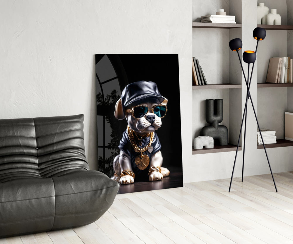 Puppy Vogue glass print enhancing a den with quirky firepower