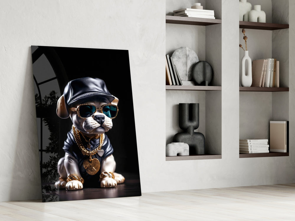Hipster-pup artwork anchoring a wall with gold-and-onyx palette