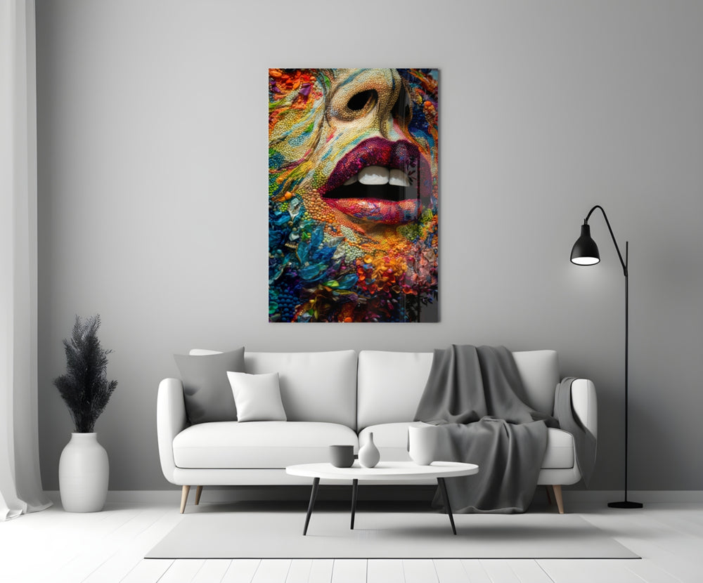 Lips and Flowers glass wall art styled above a console in a boutique