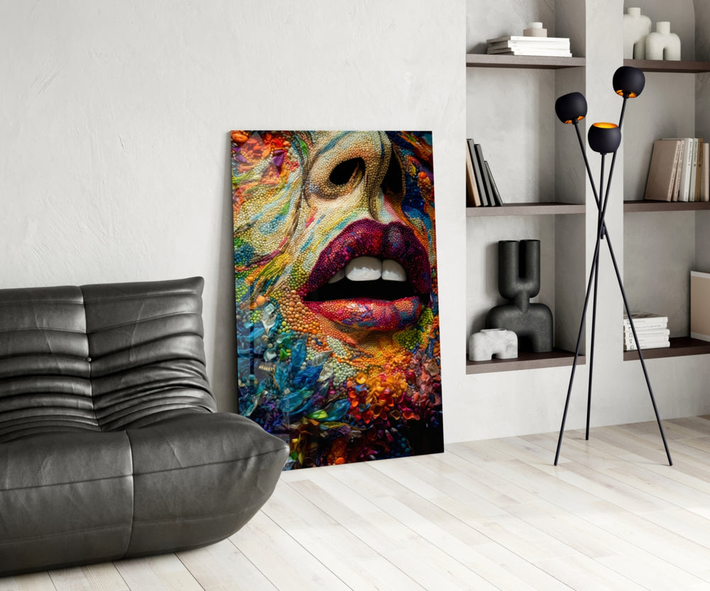 Lips and Flowers glass print enhancing a foyer with statement firepower