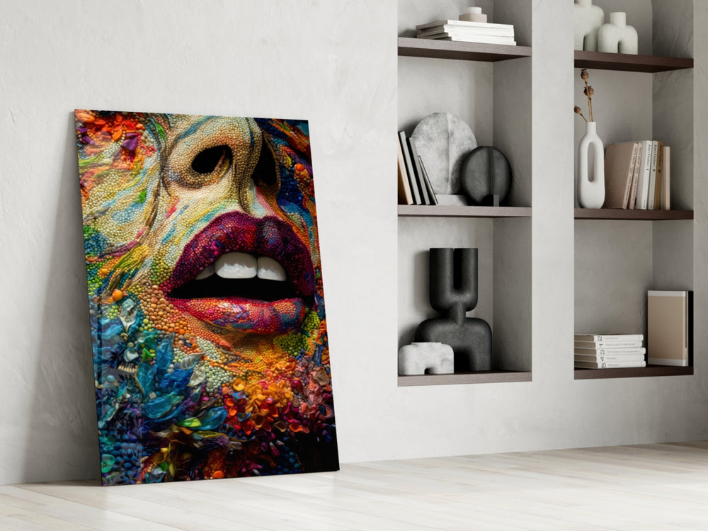 Textured-muse artwork anchoring a wall with magenta-and-tangerine palette