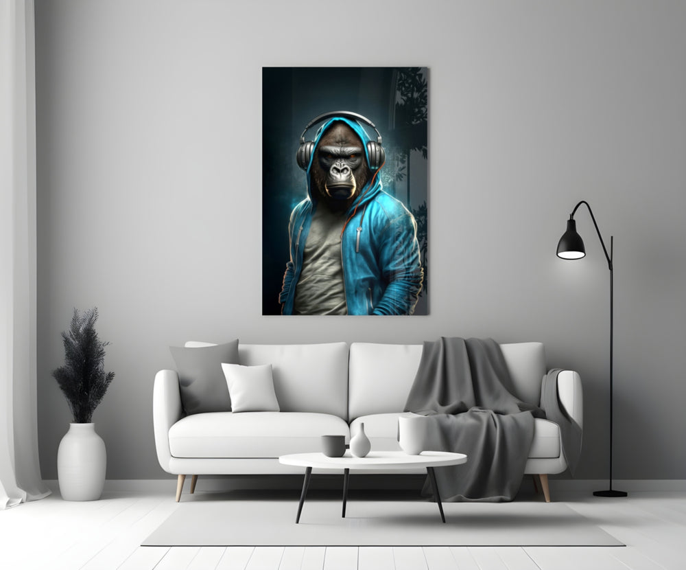 Animal Vogue glass wall art styled above a console in a man cave