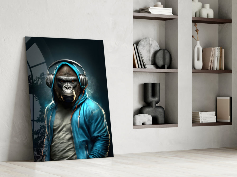Hooded-ape artwork anchoring a wall with cyan-and-charcoal palette