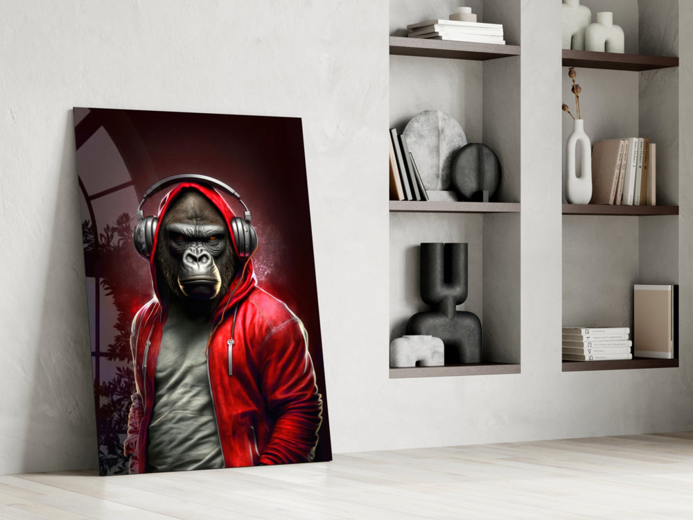 Hooded-ape artwork anchoring a wall with scarlet-and-charcoal palette