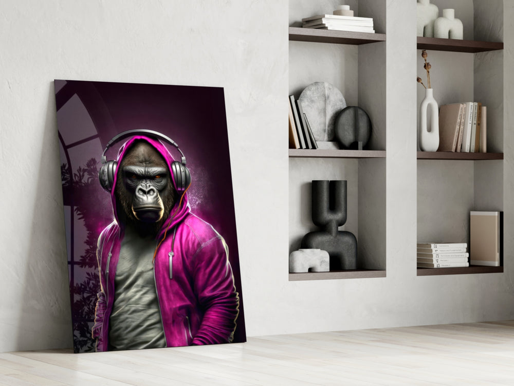 Hooded-ape artwork anchoring a wall with magenta-and-violet palette