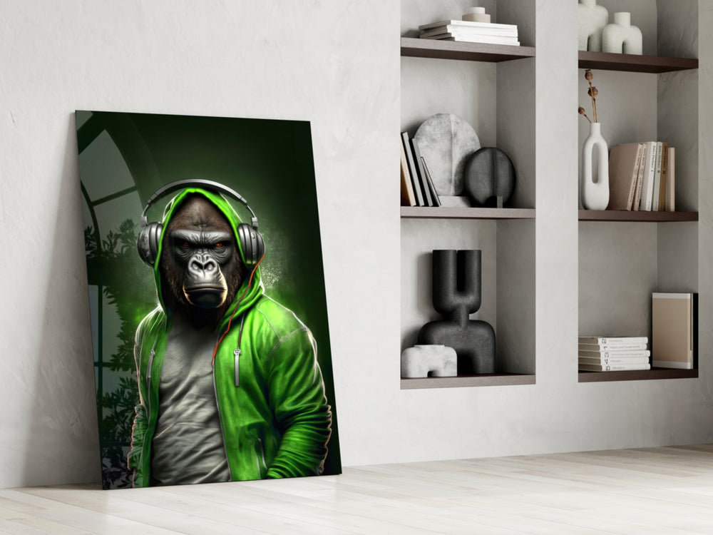Hooded-ape artwork anchoring a wall with lime-and-emerald palette