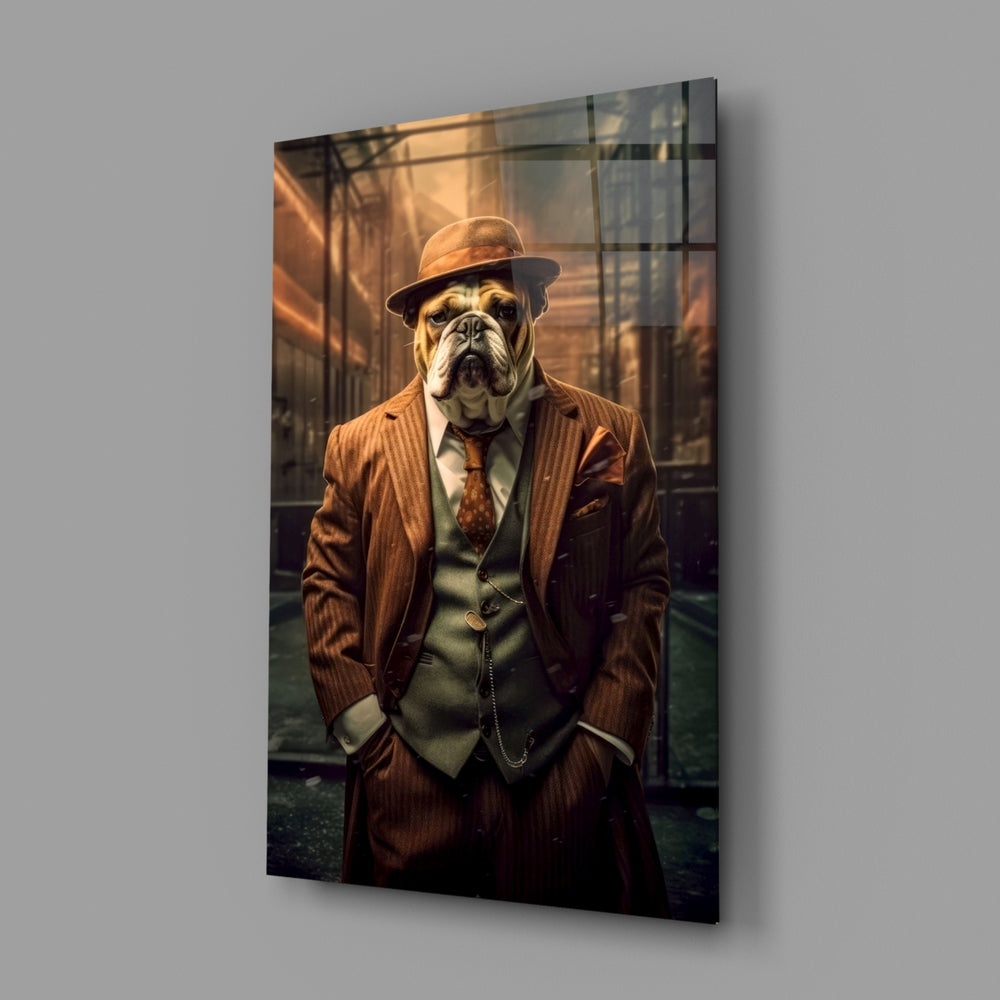 Bulldog in a Suit close-up showing russet suit and ochre vest