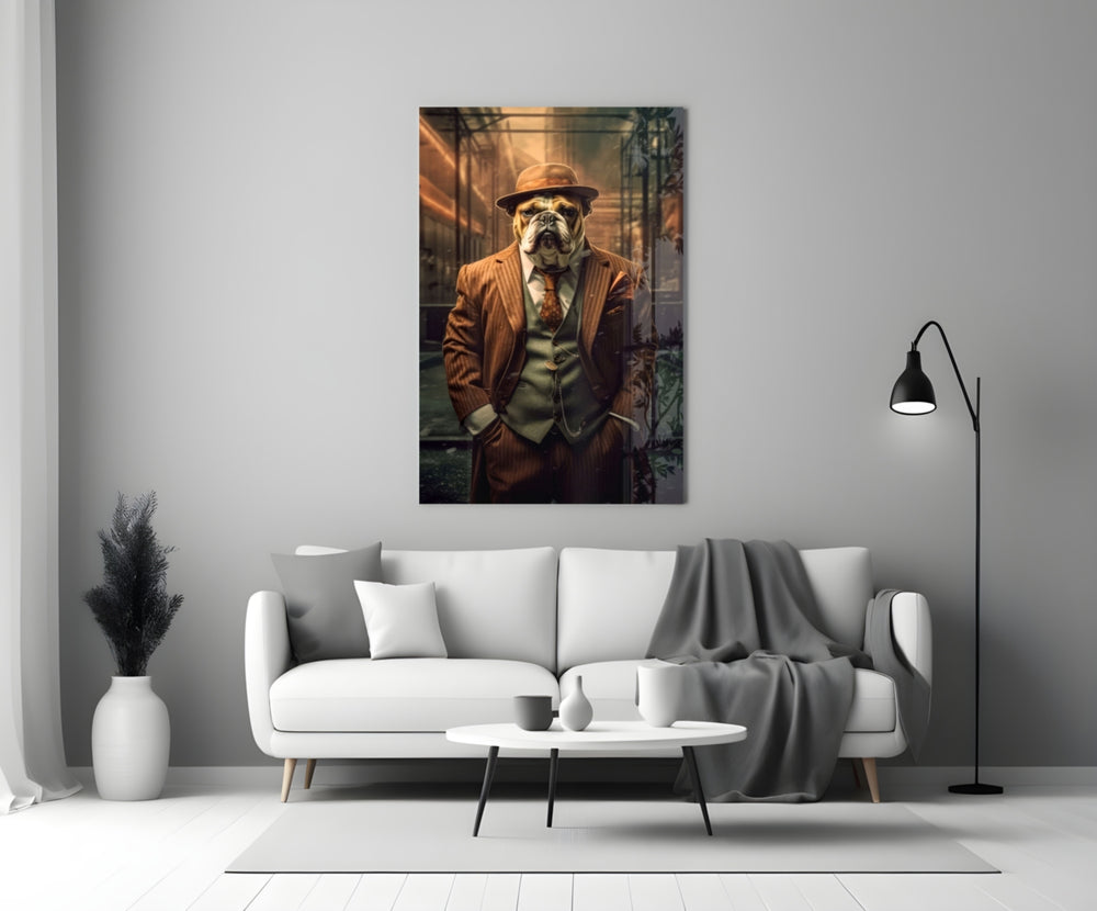 Bulldog in a Suit glass wall art styled above a desk in a study