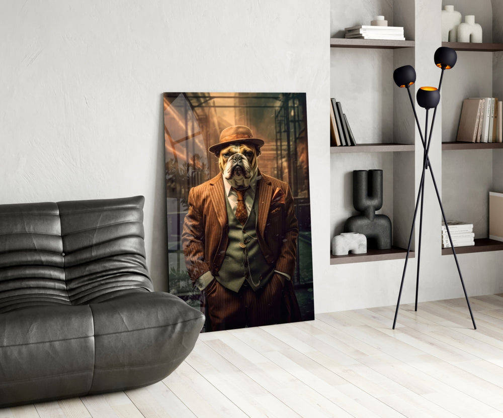 Bulldog in a Suit glass print enhancing a den with quirky firepower