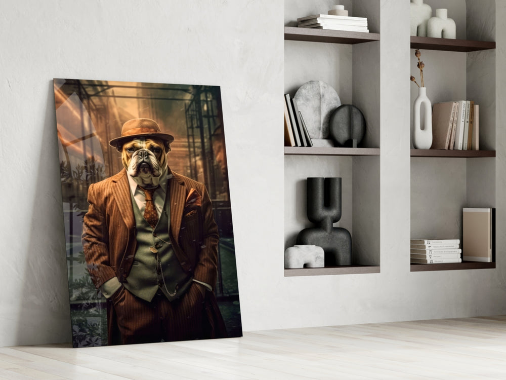 Dapper-canine artwork anchoring a wall with russet-and-ochre palette
