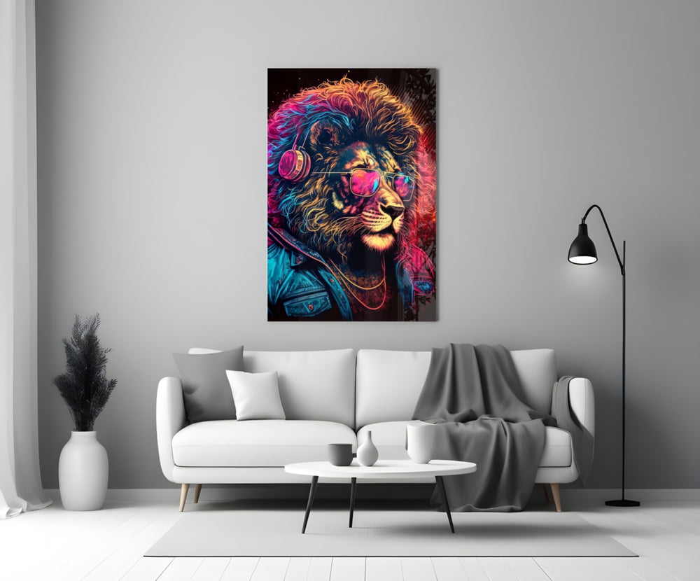 Charismatic glass wall art styled above a console in a media room