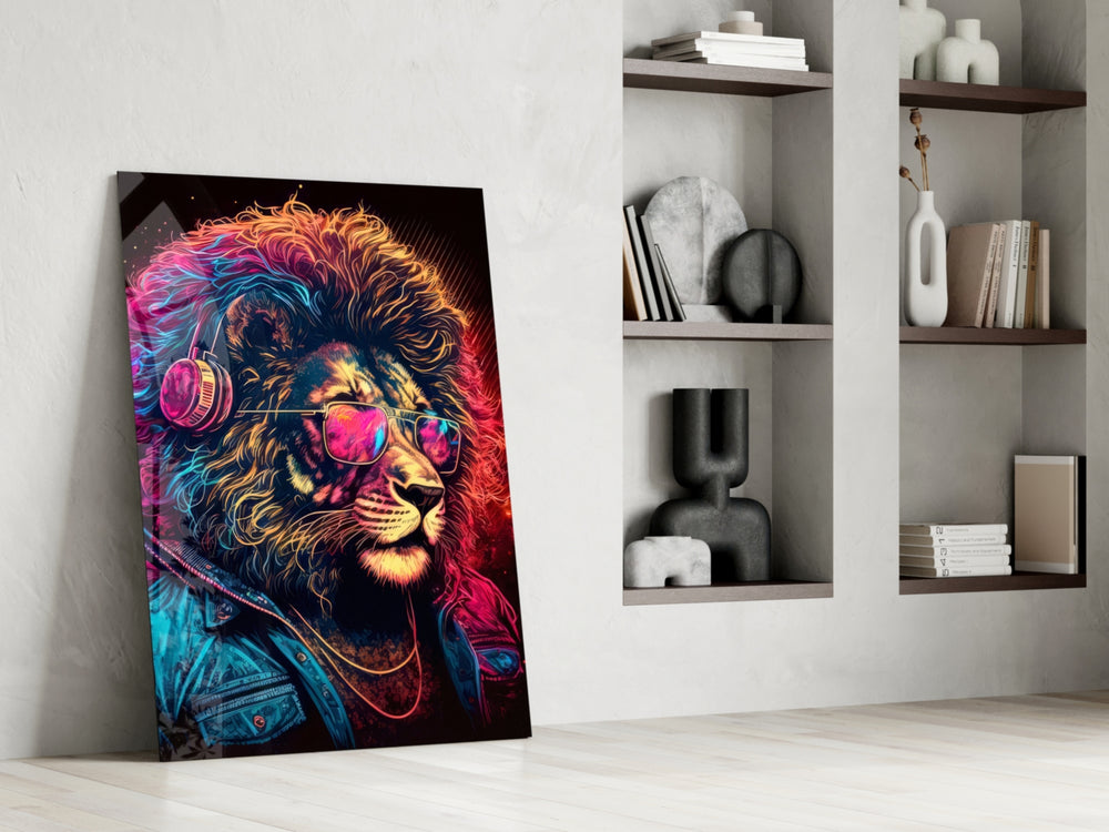 Hipster-lion artwork anchoring a wall with magenta-and-cyan palette