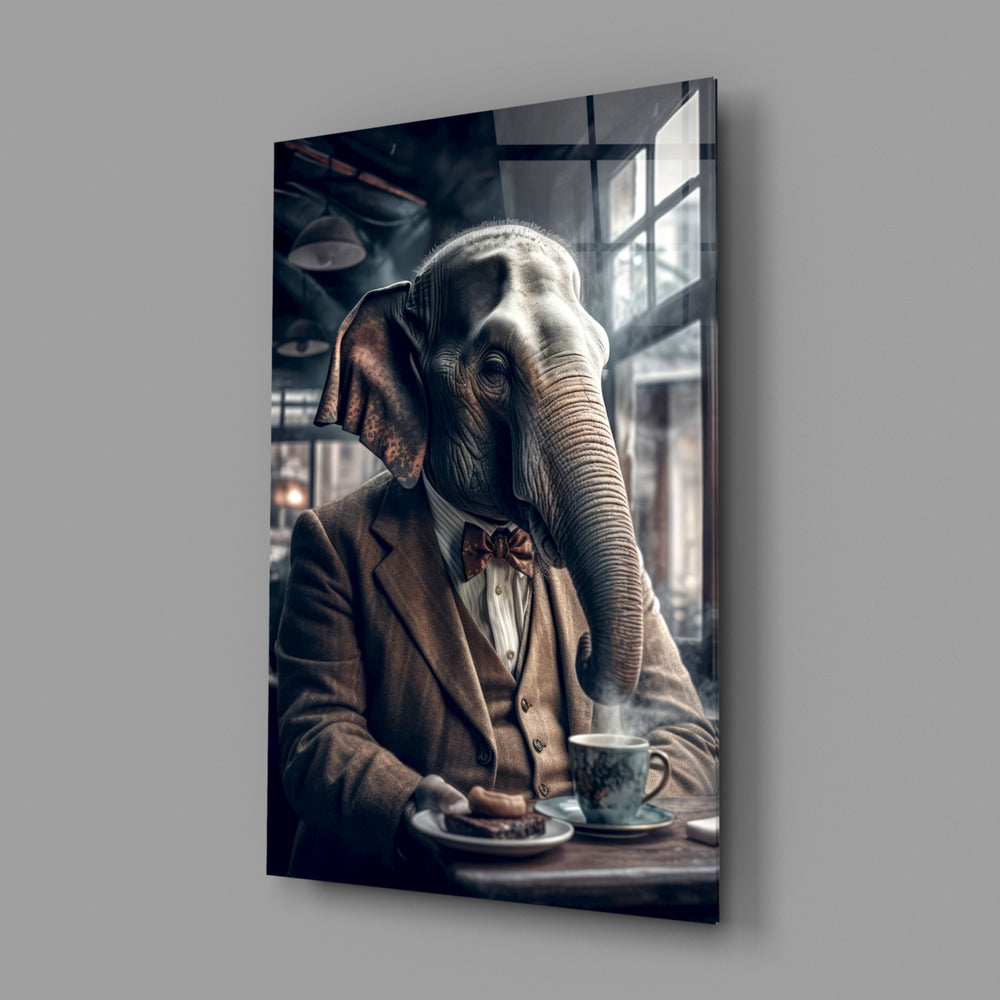 Retired Elephant close-up showing tweed suit and porcelain coffee cup