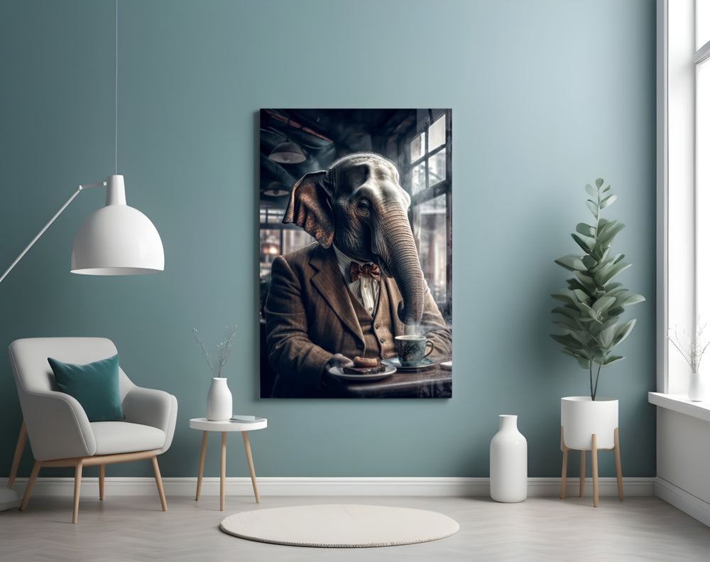 Retired Elephant panel adding editorial drama to a hallway