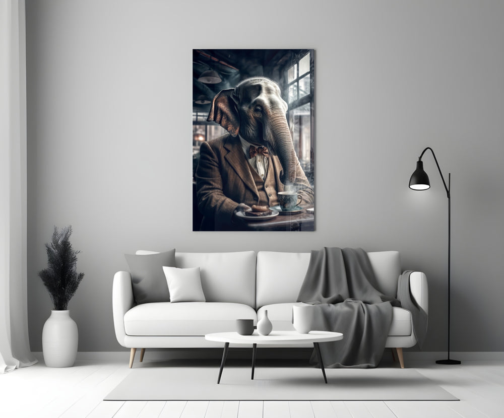Retired Elephant glass wall art styled above a console in a sunroom