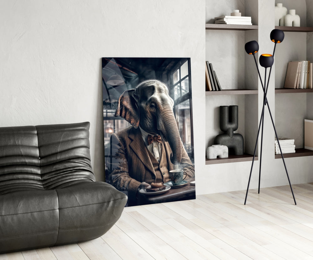 Retired Elephant glass print enhancing a den with quirky firepower